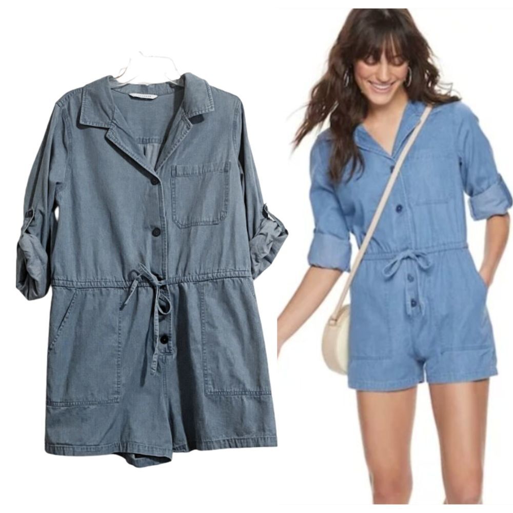 Popsugar Chambray Romper Shorts Roll Tab Sleeves Drawstring Waist Pocket…